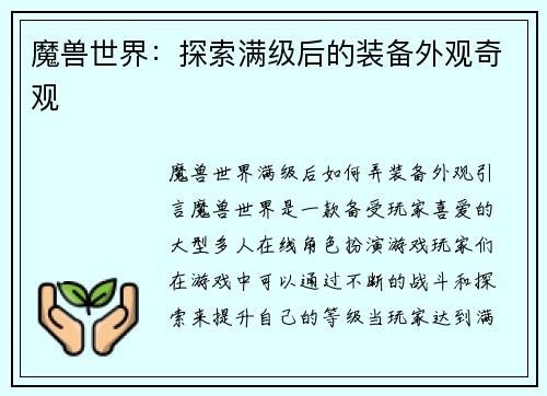 魔兽世界：探索满级后的装备外观奇观